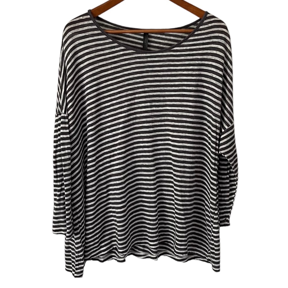 Matchpoint Grey/White Striped 100% Linen Soft Long Sleeve Blouse Size Small